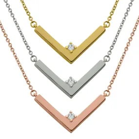 18K PVD Coated Stainless Steel V-Shaped Pendant Necklace With CZ Accent / SBB0292