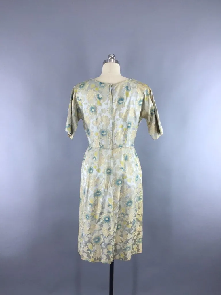 1950s Vintage Blue and Gold Satin Brocade Cocktail Dress