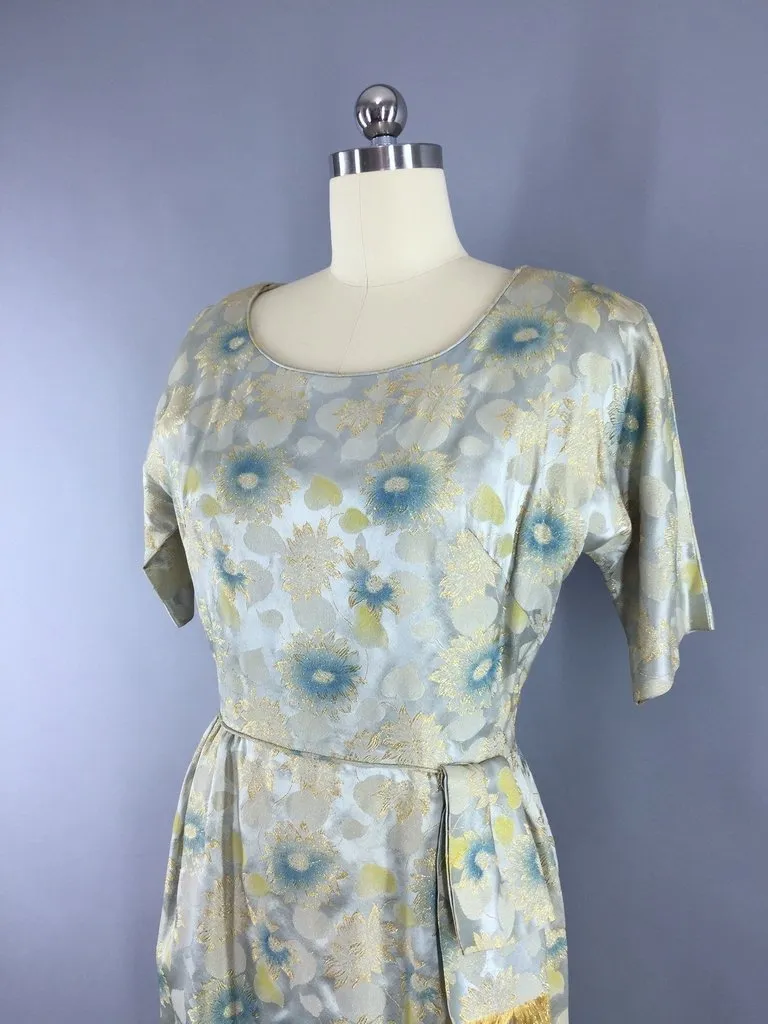 1950s Vintage Blue and Gold Satin Brocade Cocktail Dress