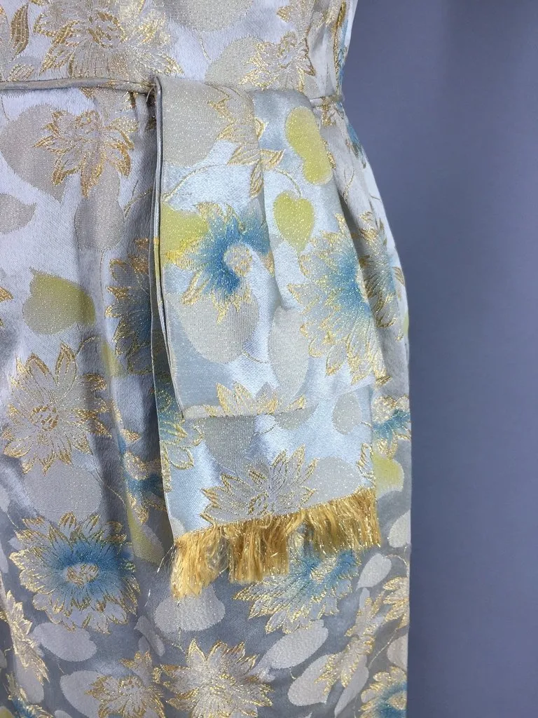 1950s Vintage Blue and Gold Satin Brocade Cocktail Dress