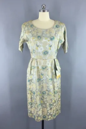 1950s Vintage Blue and Gold Satin Brocade Cocktail Dress