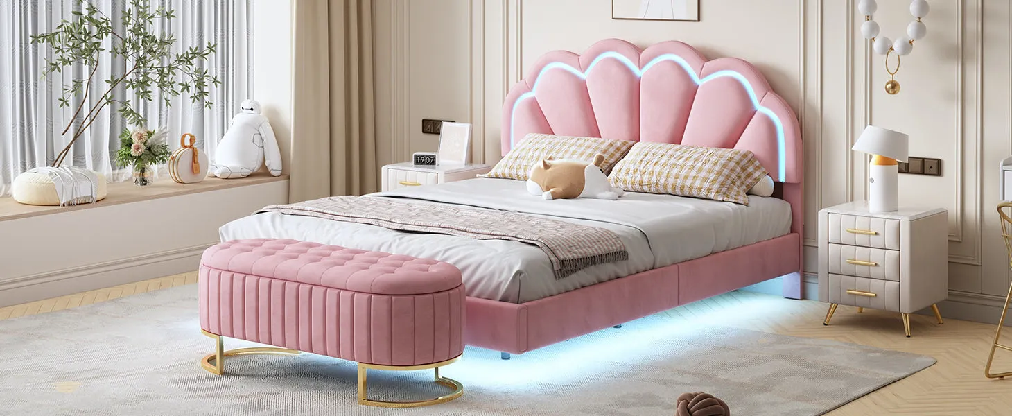 2-Pieces Bedroom Sets,Queen Size Upholstered LED Platform Bed with Storage Ottoman-Velvet,Pink