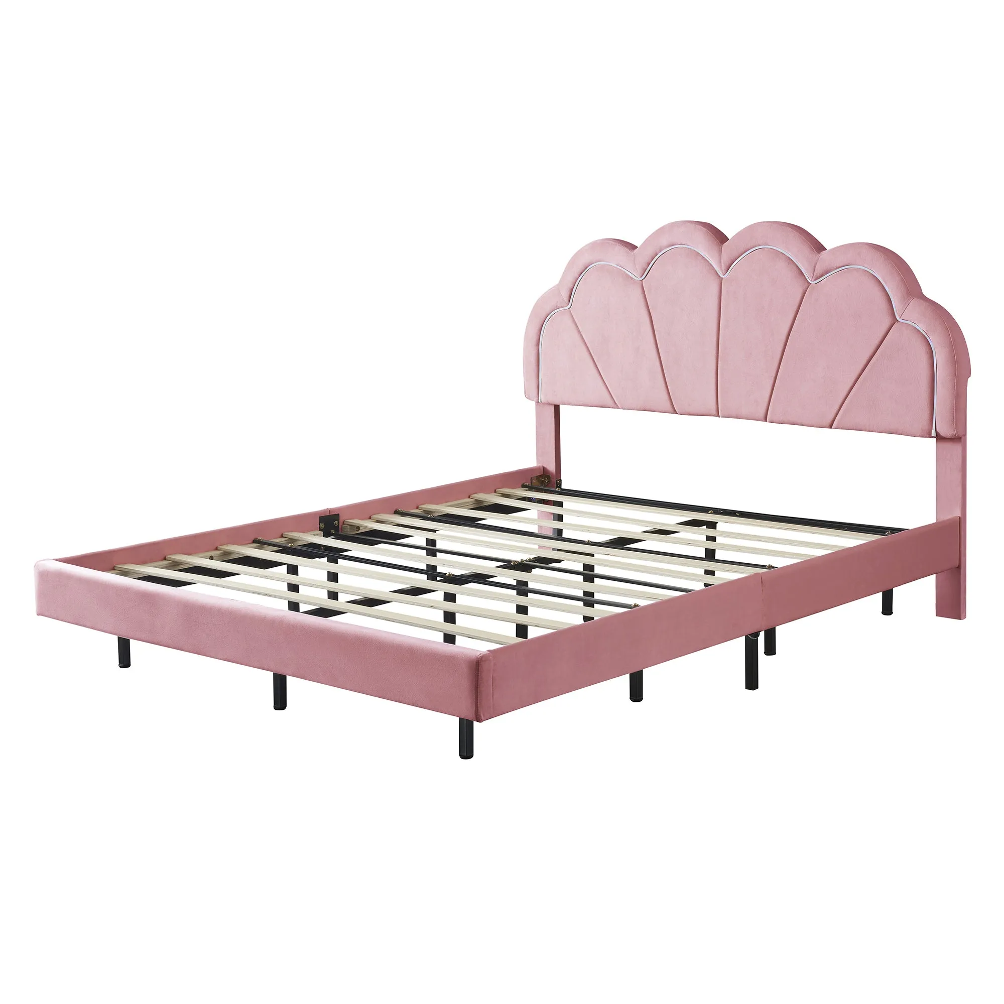 2-Pieces Bedroom Sets,Queen Size Upholstered LED Platform Bed with Storage Ottoman-Velvet,Pink