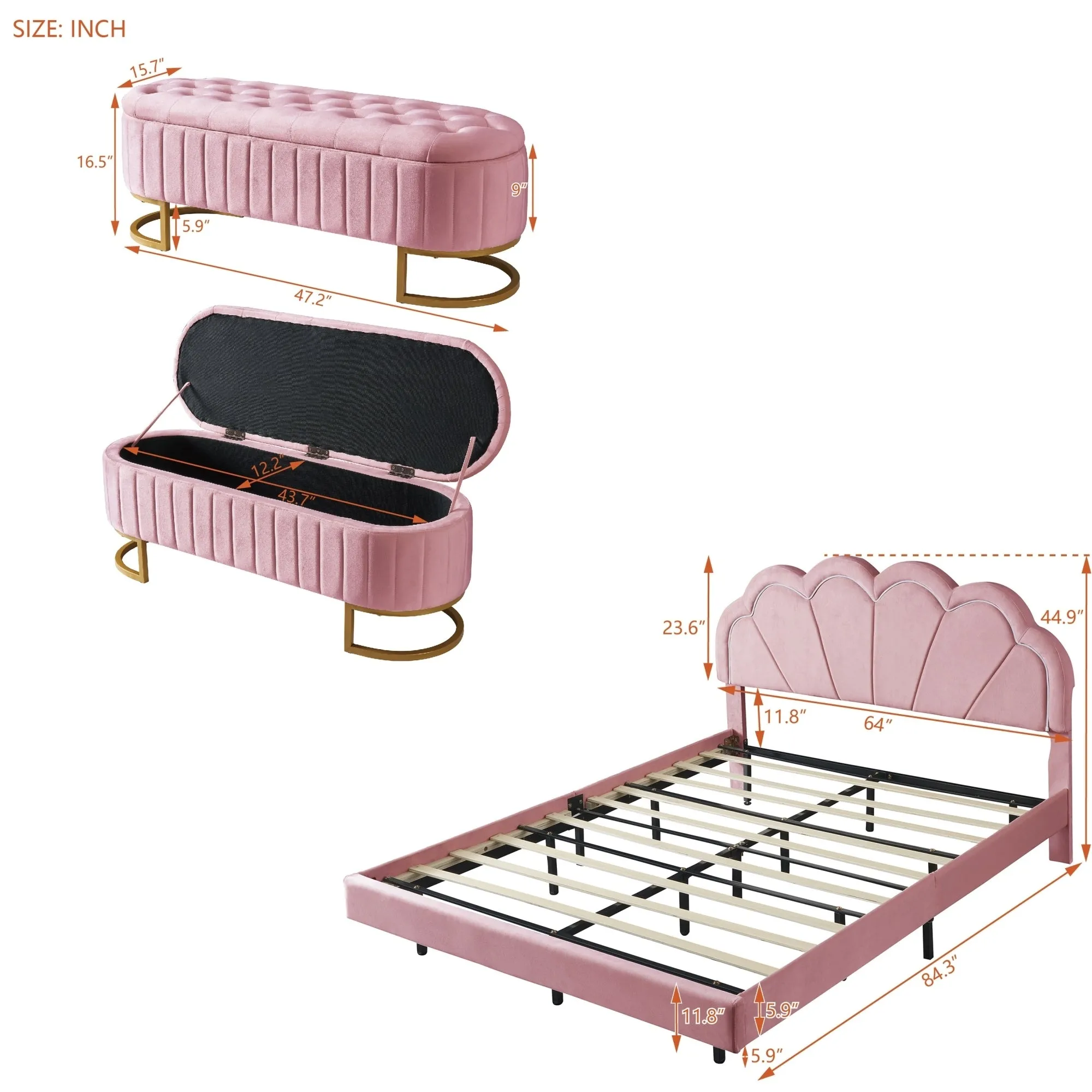 2-Pieces Bedroom Sets,Queen Size Upholstered LED Platform Bed with Storage Ottoman-Velvet,Pink