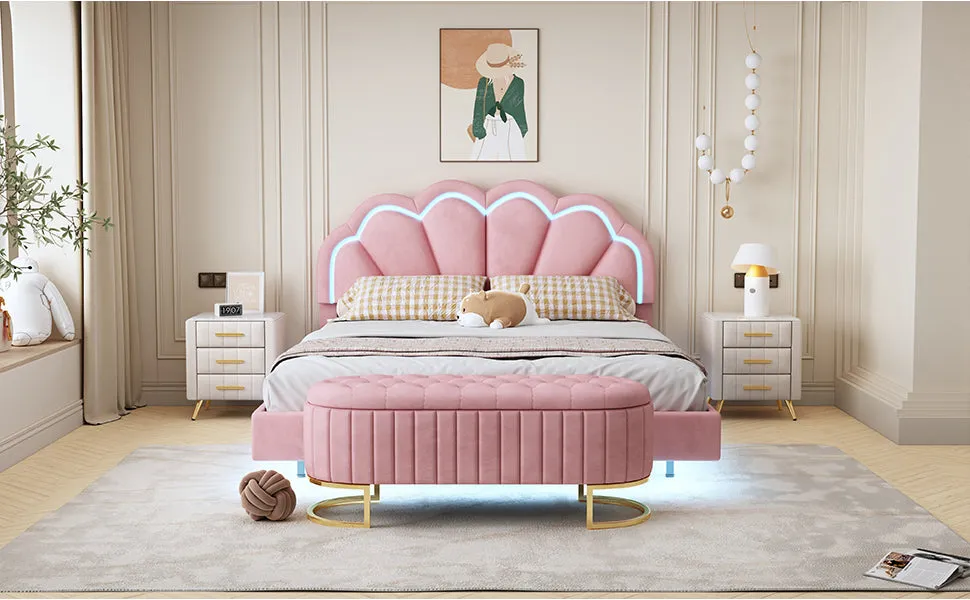 2-Pieces Bedroom Sets,Queen Size Upholstered LED Platform Bed with Storage Ottoman-Velvet,Pink