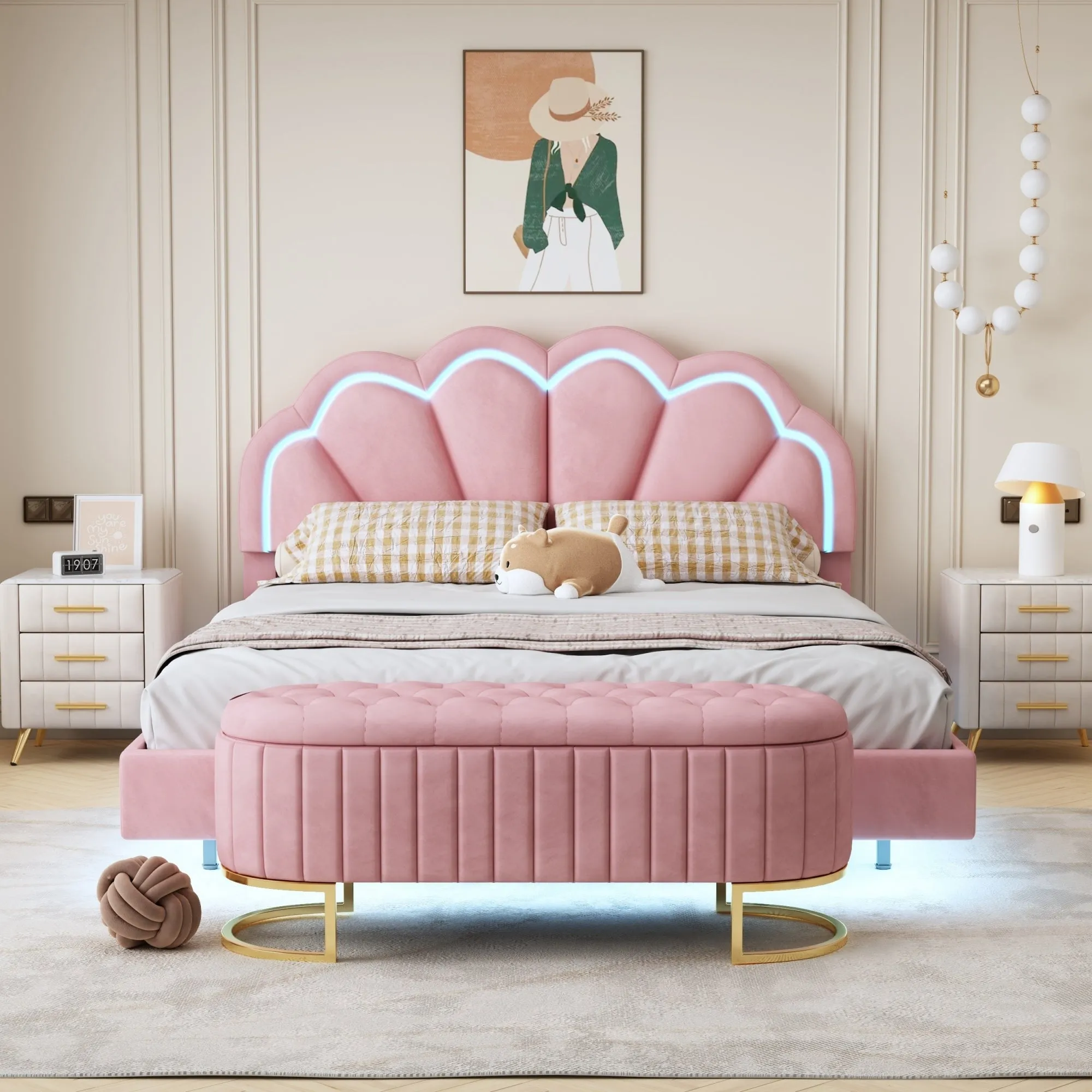 2-Pieces Bedroom Sets,Queen Size Upholstered LED Platform Bed with Storage Ottoman-Velvet,Pink