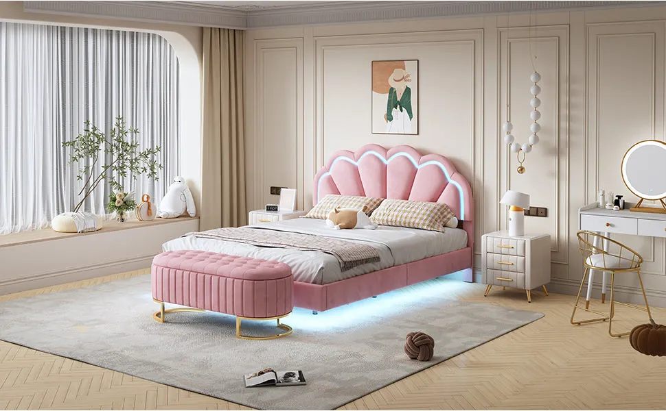 2-Pieces Bedroom Sets,Queen Size Upholstered LED Platform Bed with Storage Ottoman-Velvet,Pink