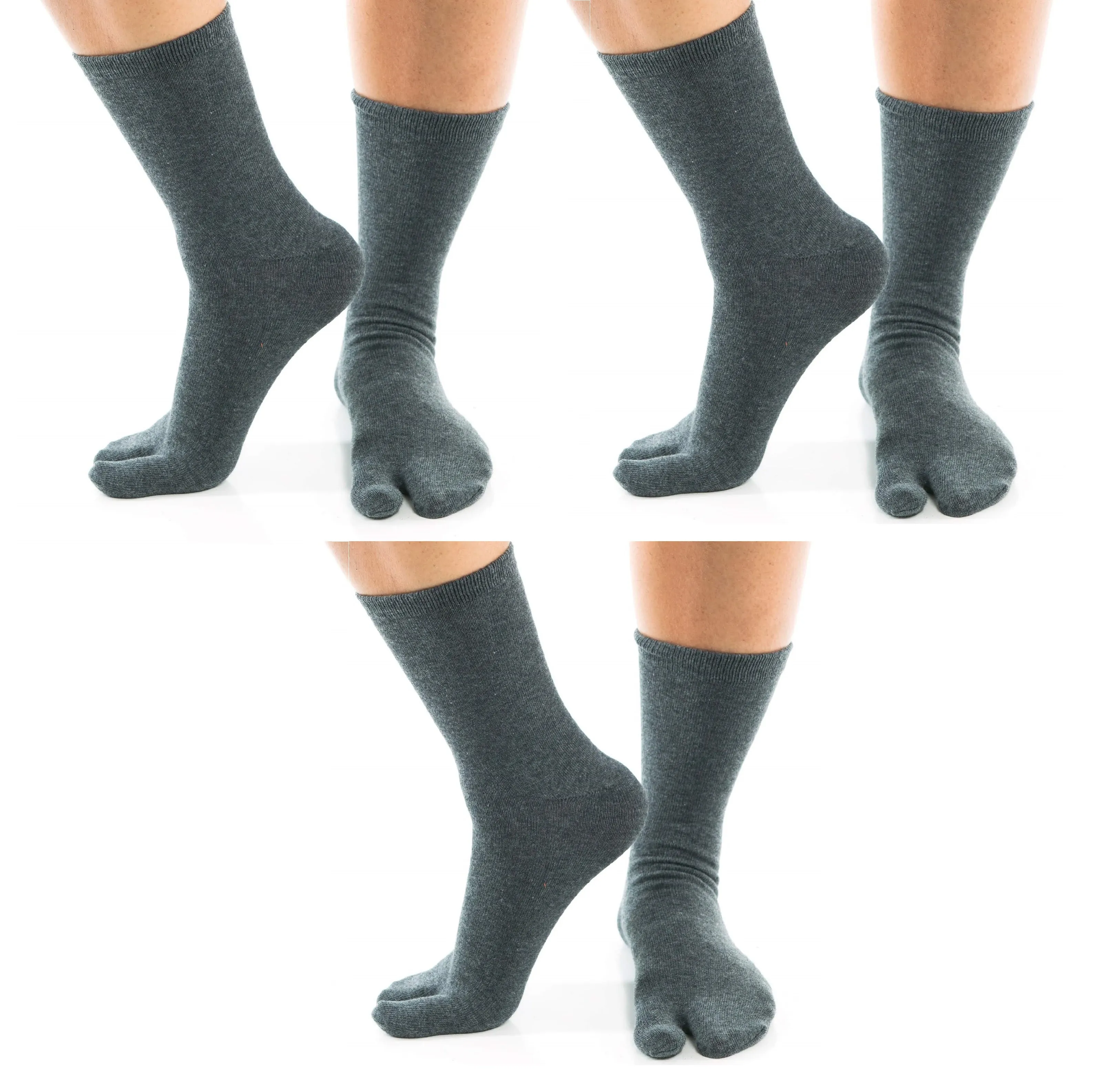 3 Pairs - Split-Toe Tabi Socks Black, White, Khaki and Grey Options Solid Casual Crew