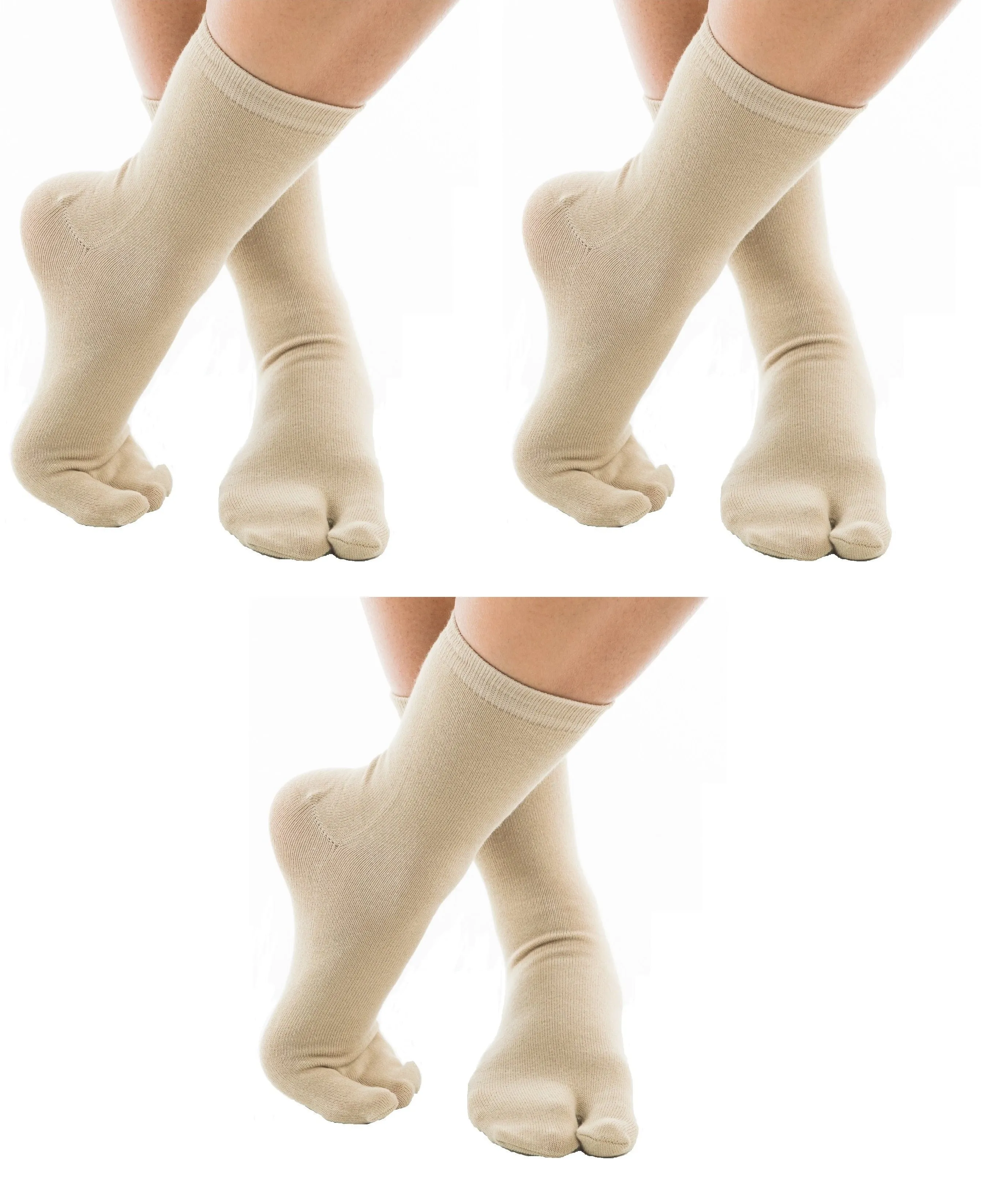 3 Pairs - Split-Toe Tabi Socks Black, White, Khaki and Grey Options Solid Casual Crew