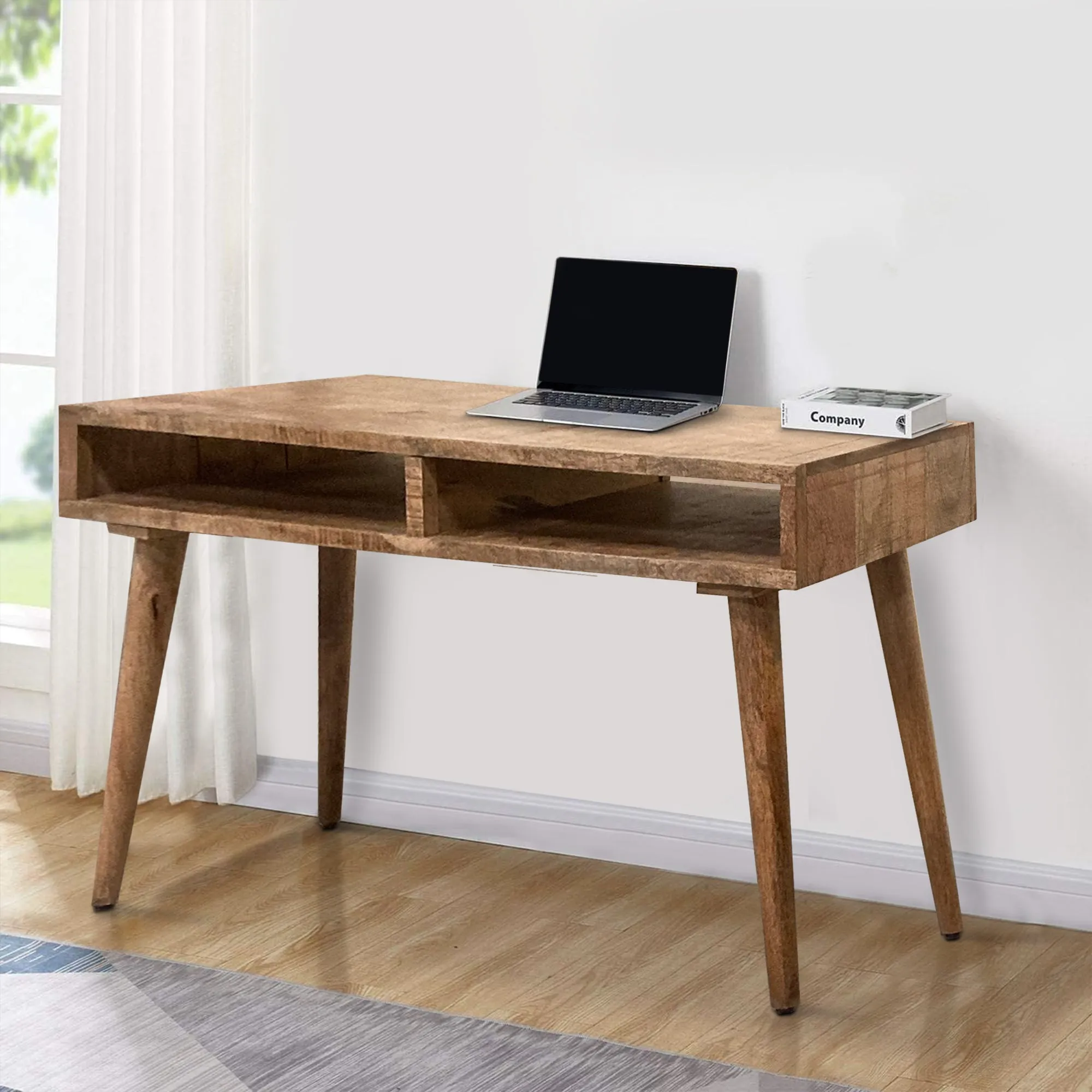 48 Inch Minimalist Mango Wood Desk, 2 Compartments, Splayed Legs, Weathered Oak Brown