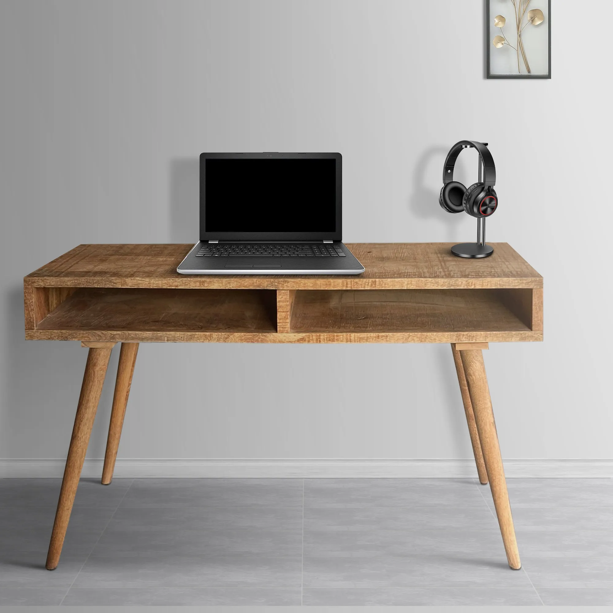 48 Inch Minimalist Mango Wood Desk, 2 Compartments, Splayed Legs, Weathered Oak Brown