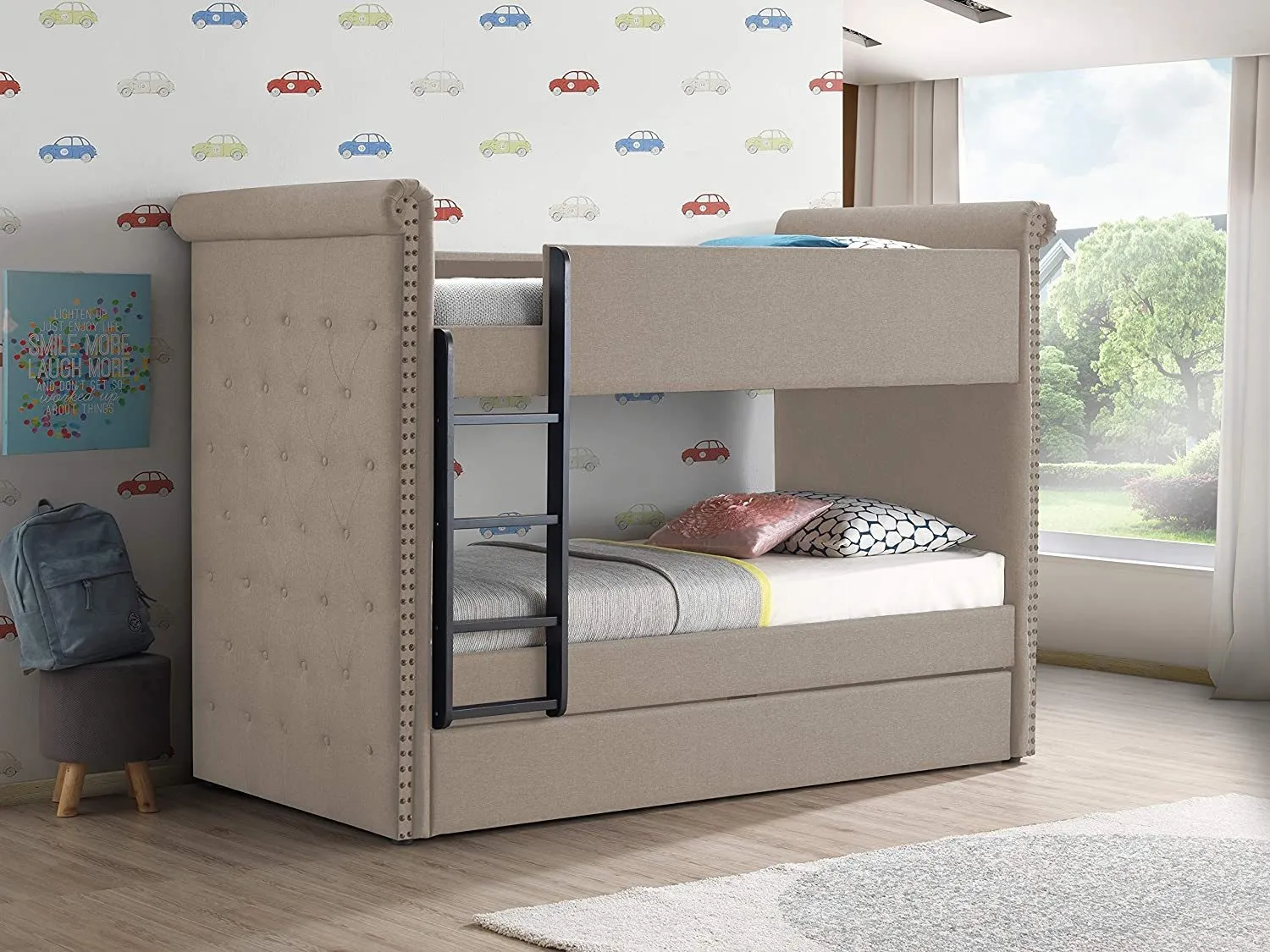 ACME Romana II Bunk Bed & Trundle (Twin/Twin), Beige Fabric (1Set/3Ctn) 37850