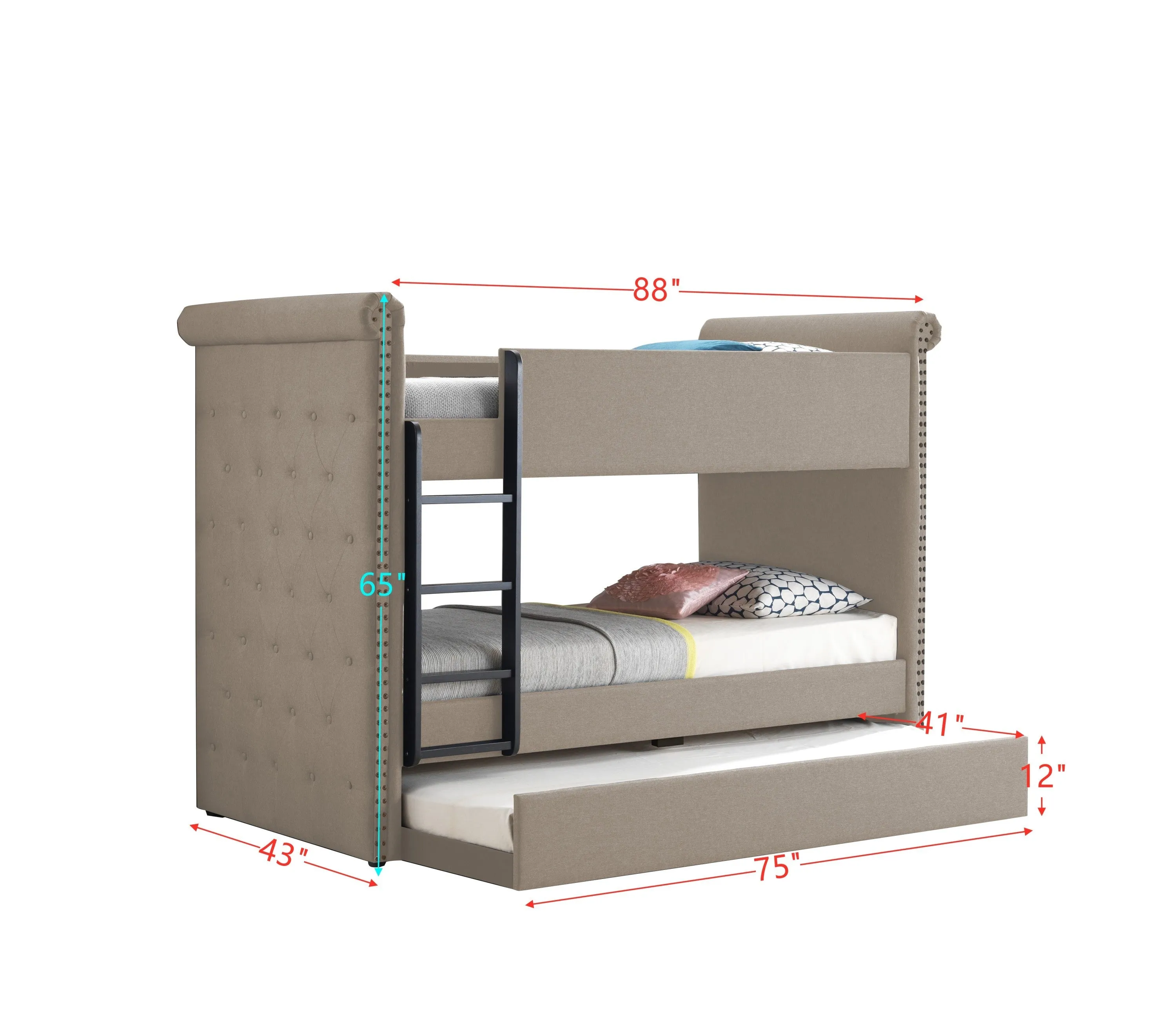 ACME Romana II Bunk Bed & Trundle (Twin/Twin), Beige Fabric (1Set/3Ctn) 37850