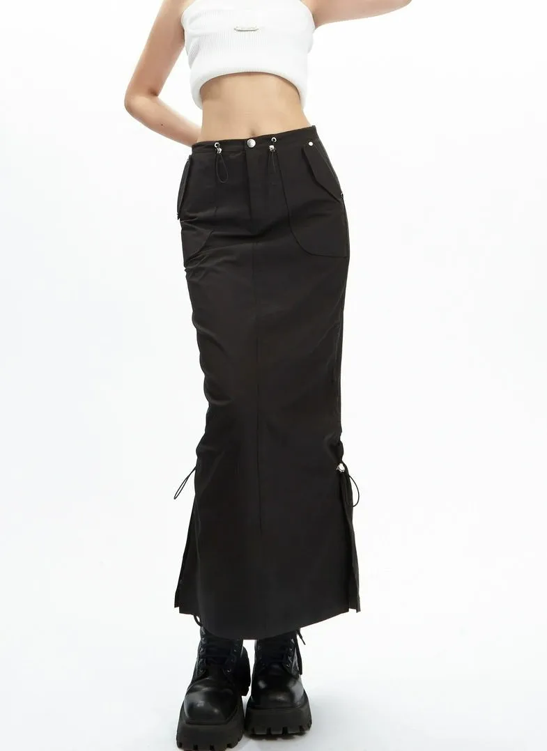 Adjustable Drawstring Midi Cargo Skirt