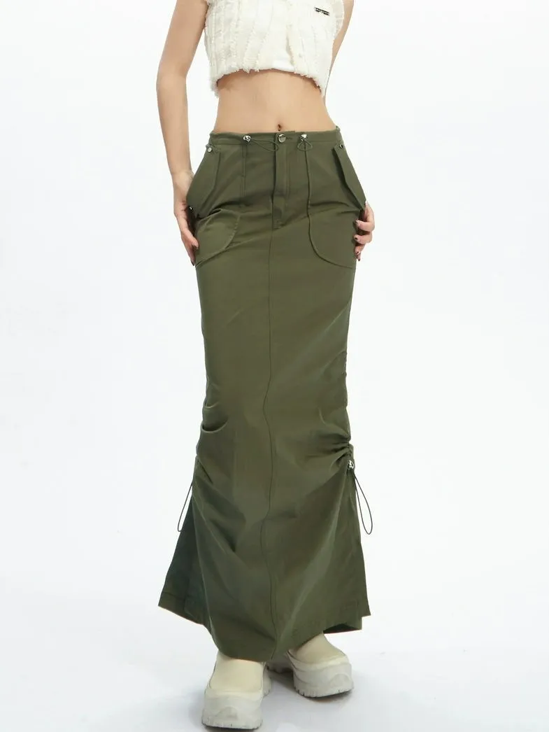 Adjustable Drawstring Midi Cargo Skirt