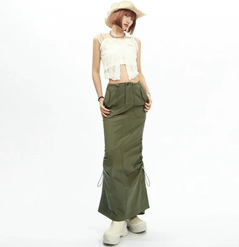 Adjustable Drawstring Midi Cargo Skirt