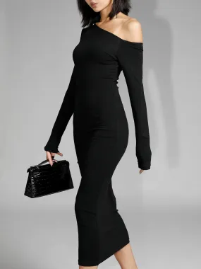 Asymmetric Off Shoulder Trendy Long Sleeve Midi Dress