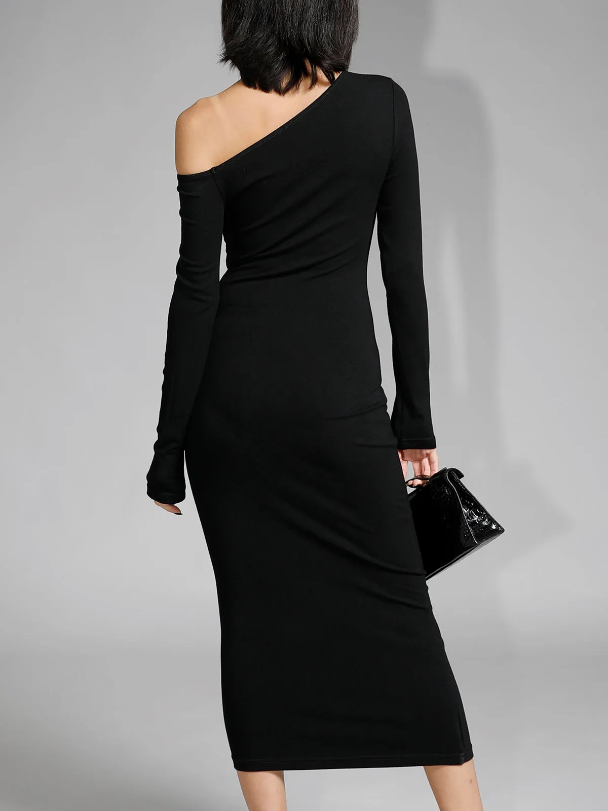 Asymmetric Off Shoulder Trendy Long Sleeve Midi Dress