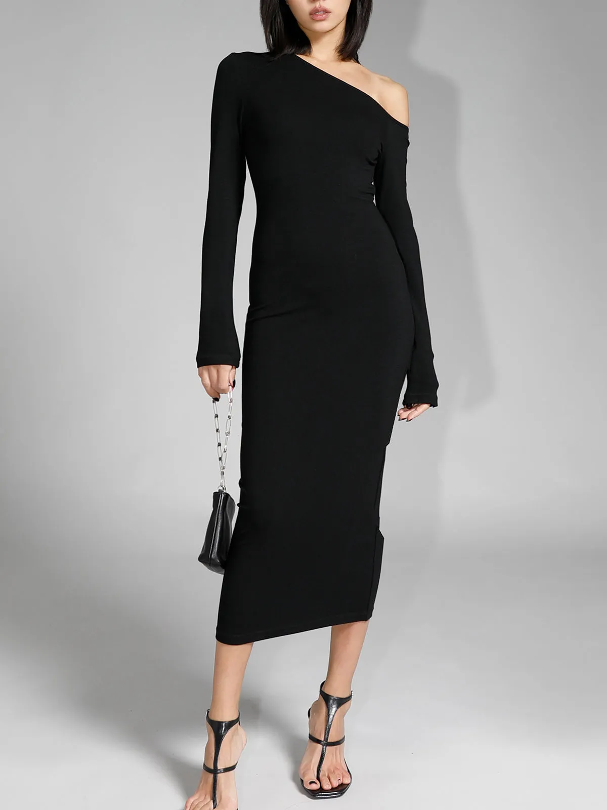 Asymmetric Off Shoulder Trendy Long Sleeve Midi Dress