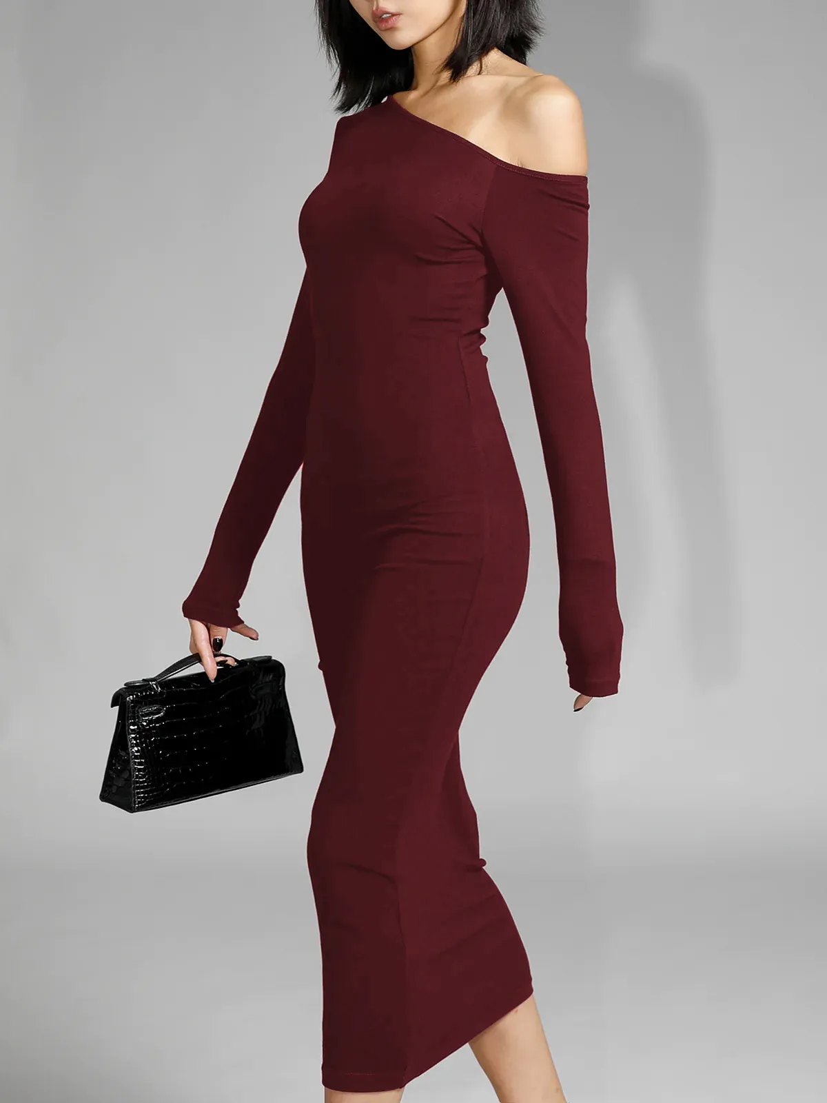 Asymmetric Off Shoulder Trendy Long Sleeve Midi Dress