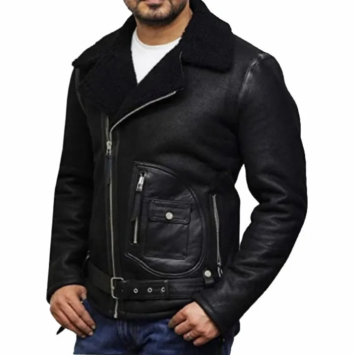 Black Sheepskin Shearling Aviator Jacket for Men