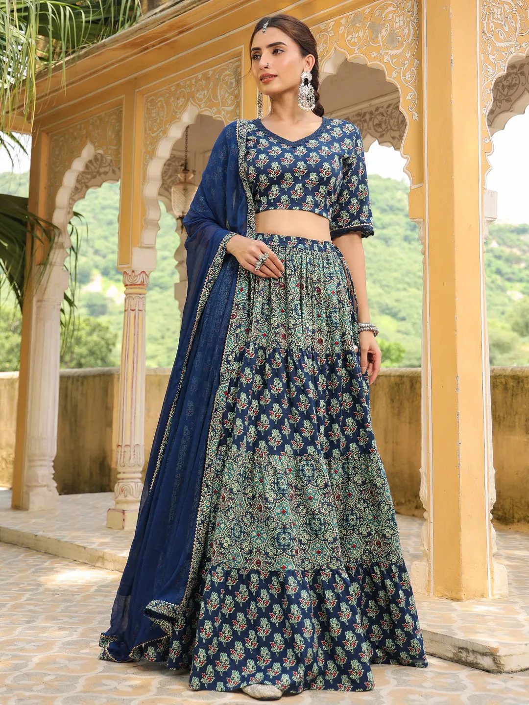 Blue Pure Cotton Ajrakh Printed Tiered Lehenga Choli Set