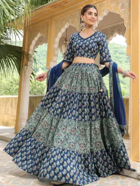 Blue Pure Cotton Ajrakh Printed Tiered Lehenga Choli Set