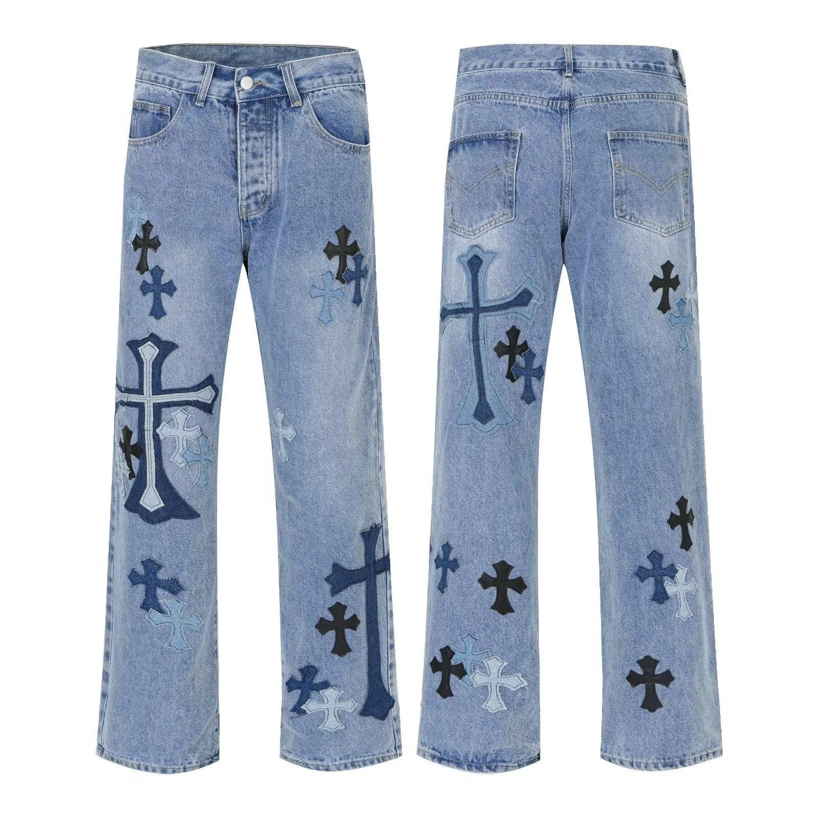 Bonsir 90s streetwear American High Street Original Patch Cross Embroidered Jeans Men's and Women's National Fashion All-Match Slim Slimming Long Pants Fashion