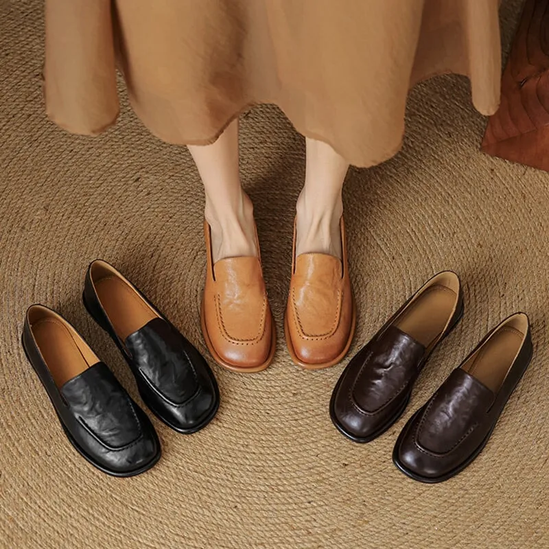 British Style Women Flats Slip On Leather Loafers in Brown/Coffee/Black