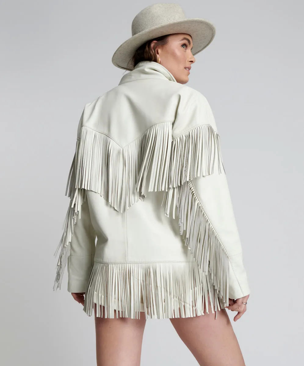 CHAOS WALKING FRINGED LEATHER JACKET