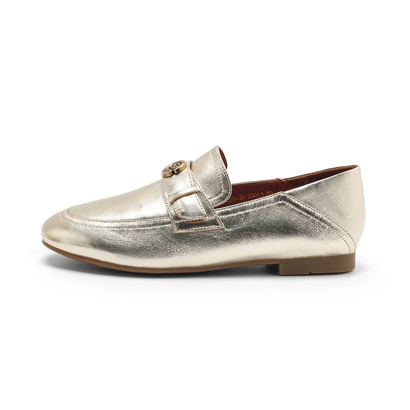 Classic Camellia-Detailed Leather Loafers for Women in Silver/Golden