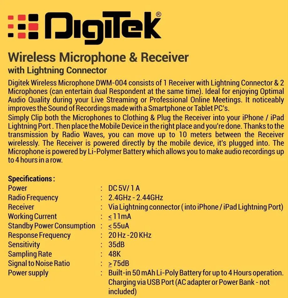 Digitek (DWM-004) 2 nos of Noise Calcelling Wireless Microphone & one Receiver with 8-pin Connector, Fast Charging, Suitable for YouTube Vlog, Live Streaming, Video Shooting & More