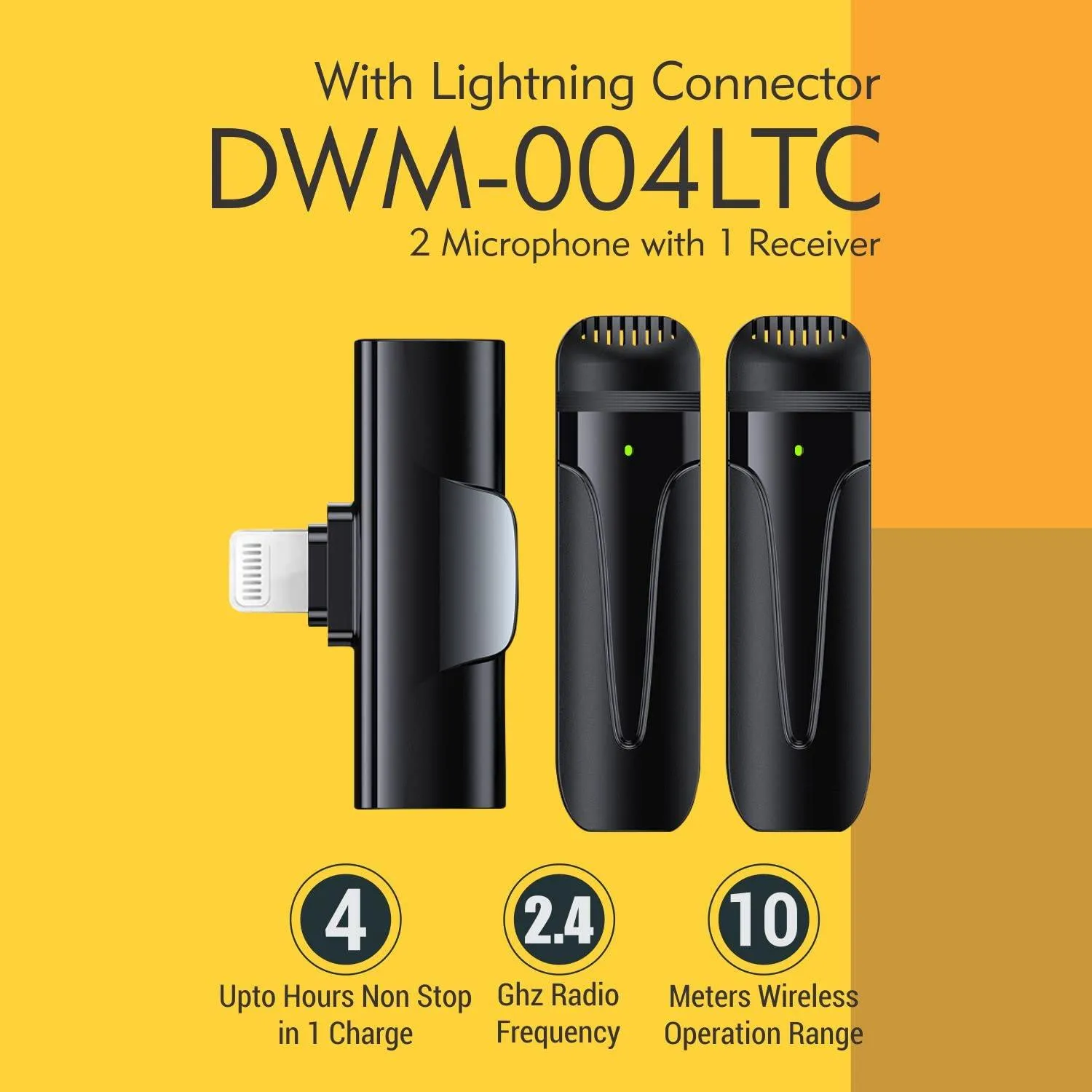 Digitek (DWM-004) 2 nos of Noise Calcelling Wireless Microphone & one Receiver with 8-pin Connector, Fast Charging, Suitable for YouTube Vlog, Live Streaming, Video Shooting & More