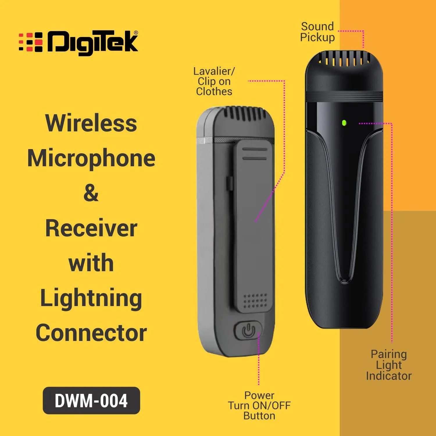 Digitek (DWM-004) 2 nos of Noise Calcelling Wireless Microphone & one Receiver with 8-pin Connector, Fast Charging, Suitable for YouTube Vlog, Live Streaming, Video Shooting & More