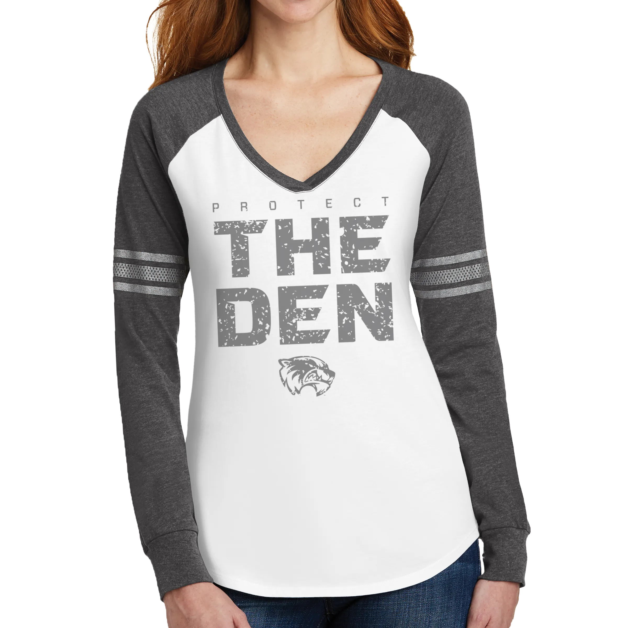 District Women’s Game Long Sleeve V-Neck Tee- Protect The Den