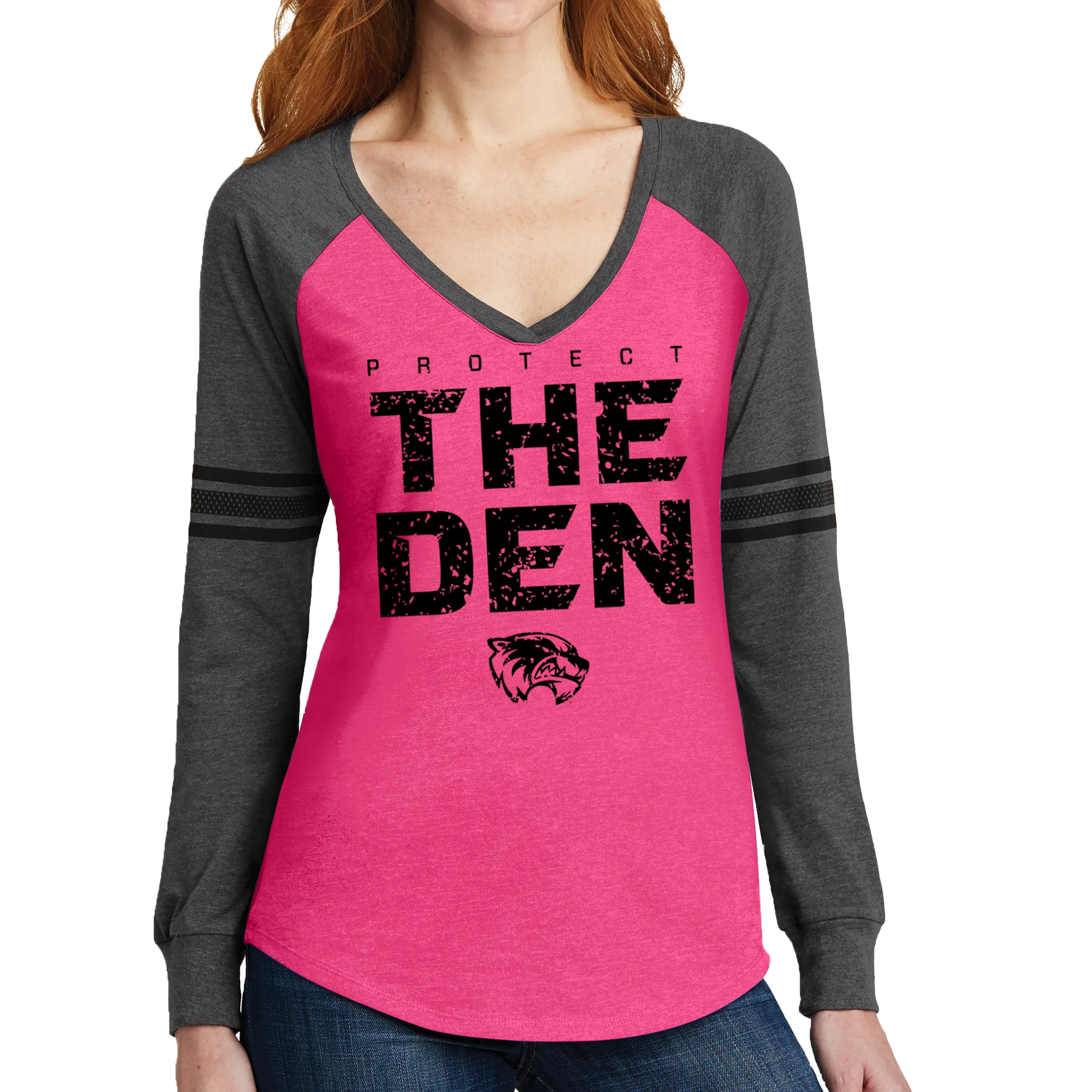 District Women’s Game Long Sleeve V-Neck Tee- Protect The Den