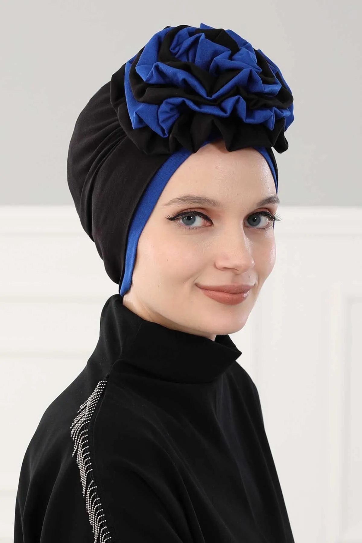 Floral Pre-Tied Instant Turban Fashionable Head Covering with Twin Colors, Soft Combed Cotton Easy Wear Hijab Headwrap with Rose Detail,B-28