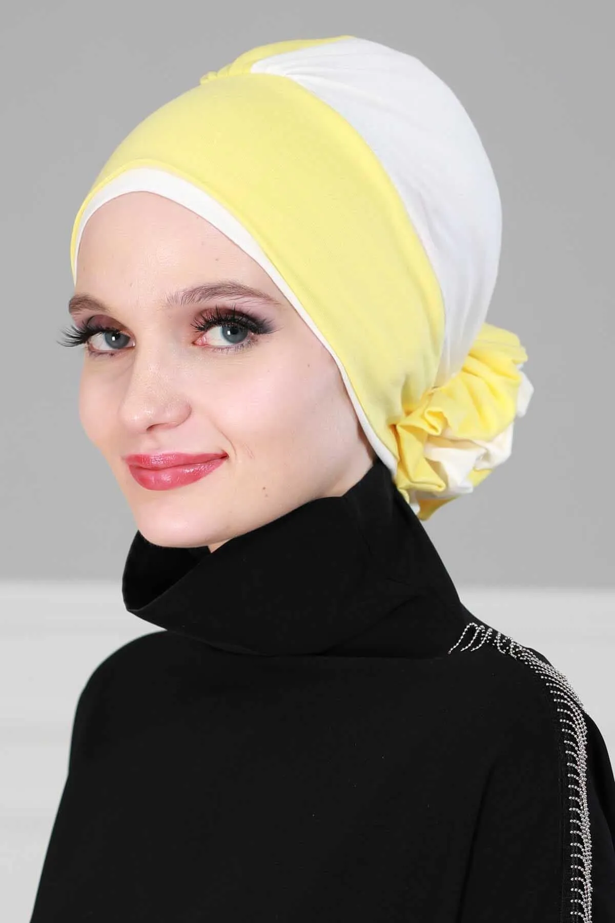 Floral Pre-Tied Instant Turban Fashionable Head Covering with Twin Colors, Soft Combed Cotton Easy Wear Hijab Headwrap with Rose Detail,B-28