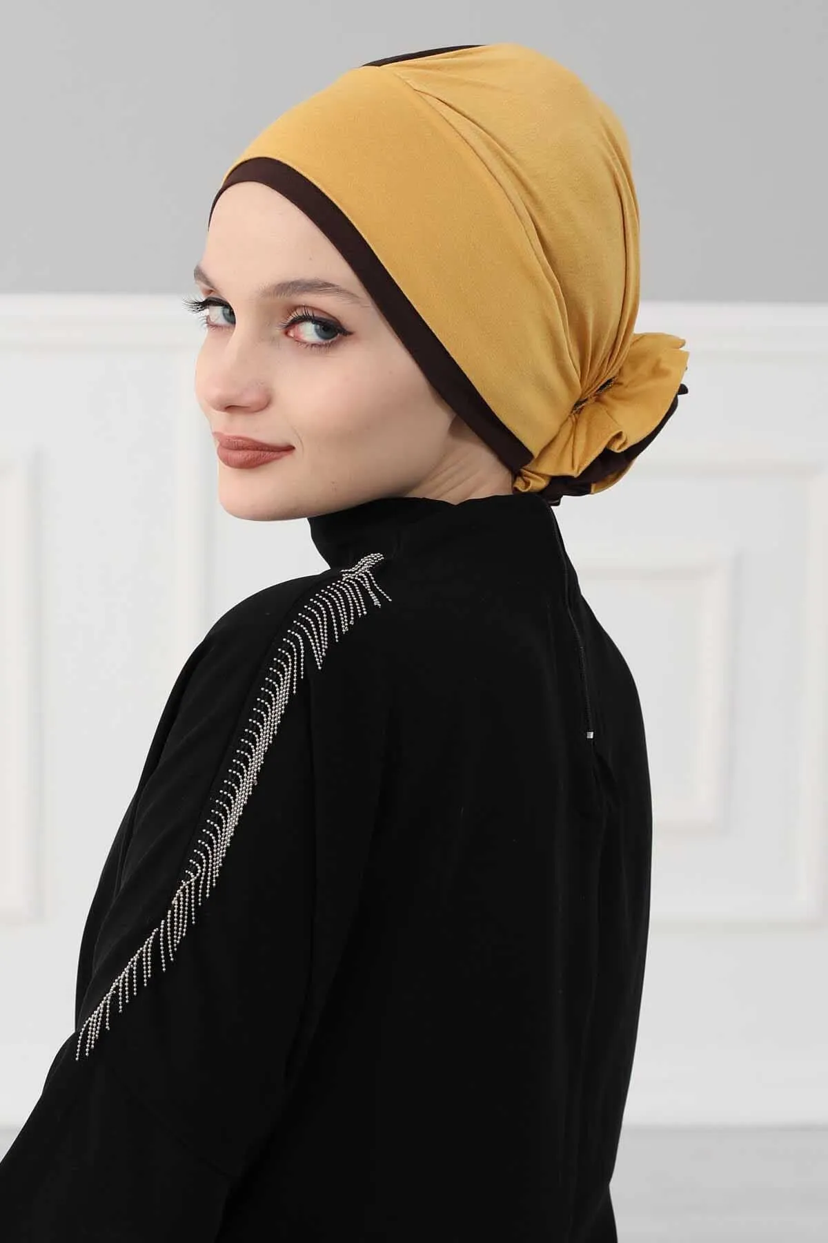 Floral Pre-Tied Instant Turban Fashionable Head Covering with Twin Colors, Soft Combed Cotton Easy Wear Hijab Headwrap with Rose Detail,B-28