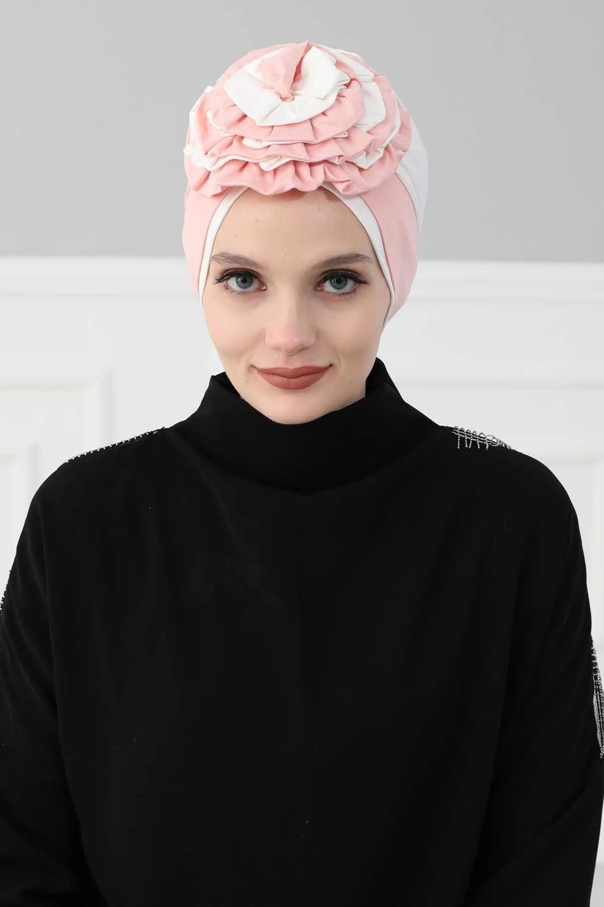 Floral Pre-Tied Instant Turban Fashionable Head Covering with Twin Colors, Soft Combed Cotton Easy Wear Hijab Headwrap with Rose Detail,B-28