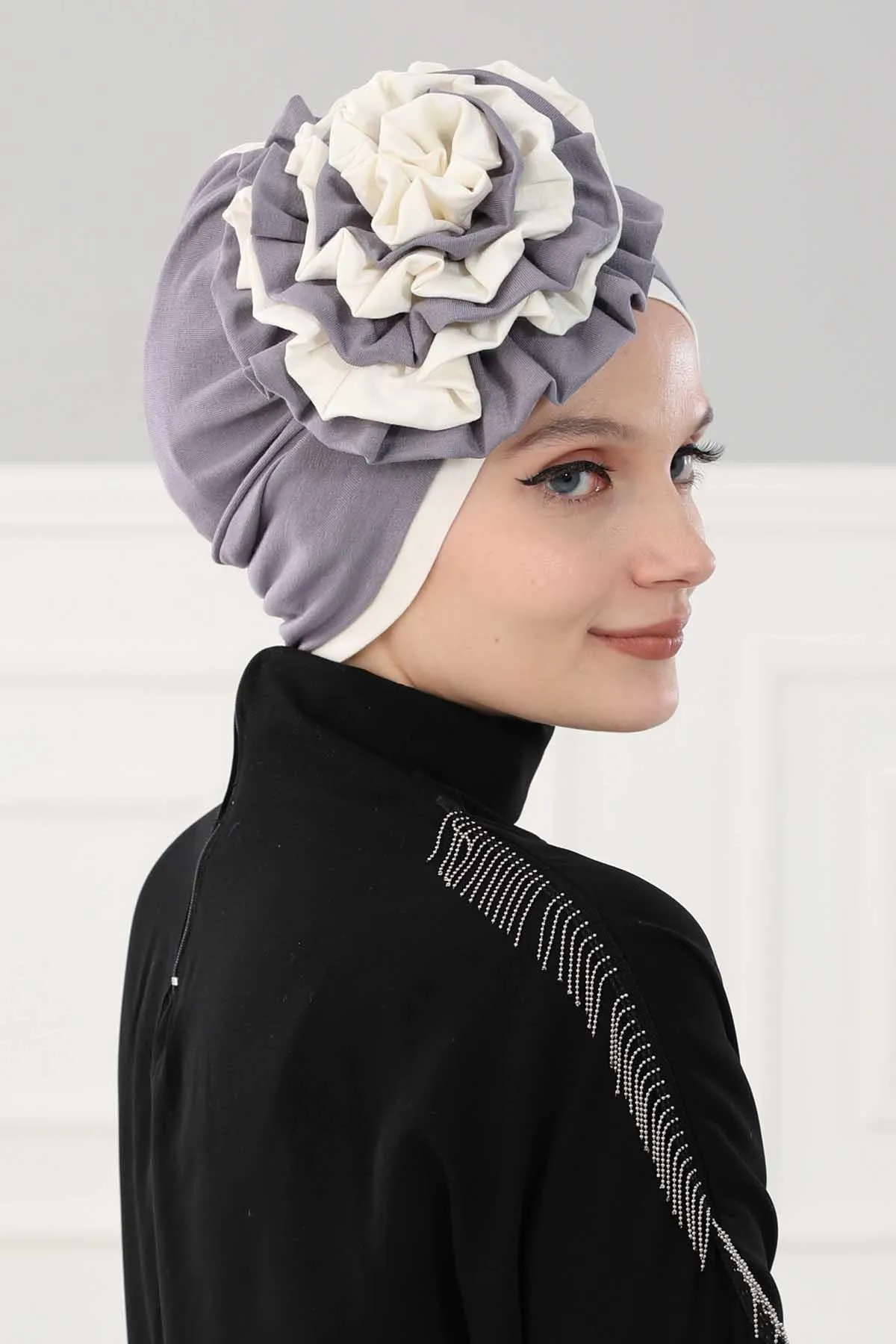 Floral Pre-Tied Instant Turban Fashionable Head Covering with Twin Colors, Soft Combed Cotton Easy Wear Hijab Headwrap with Rose Detail,B-28