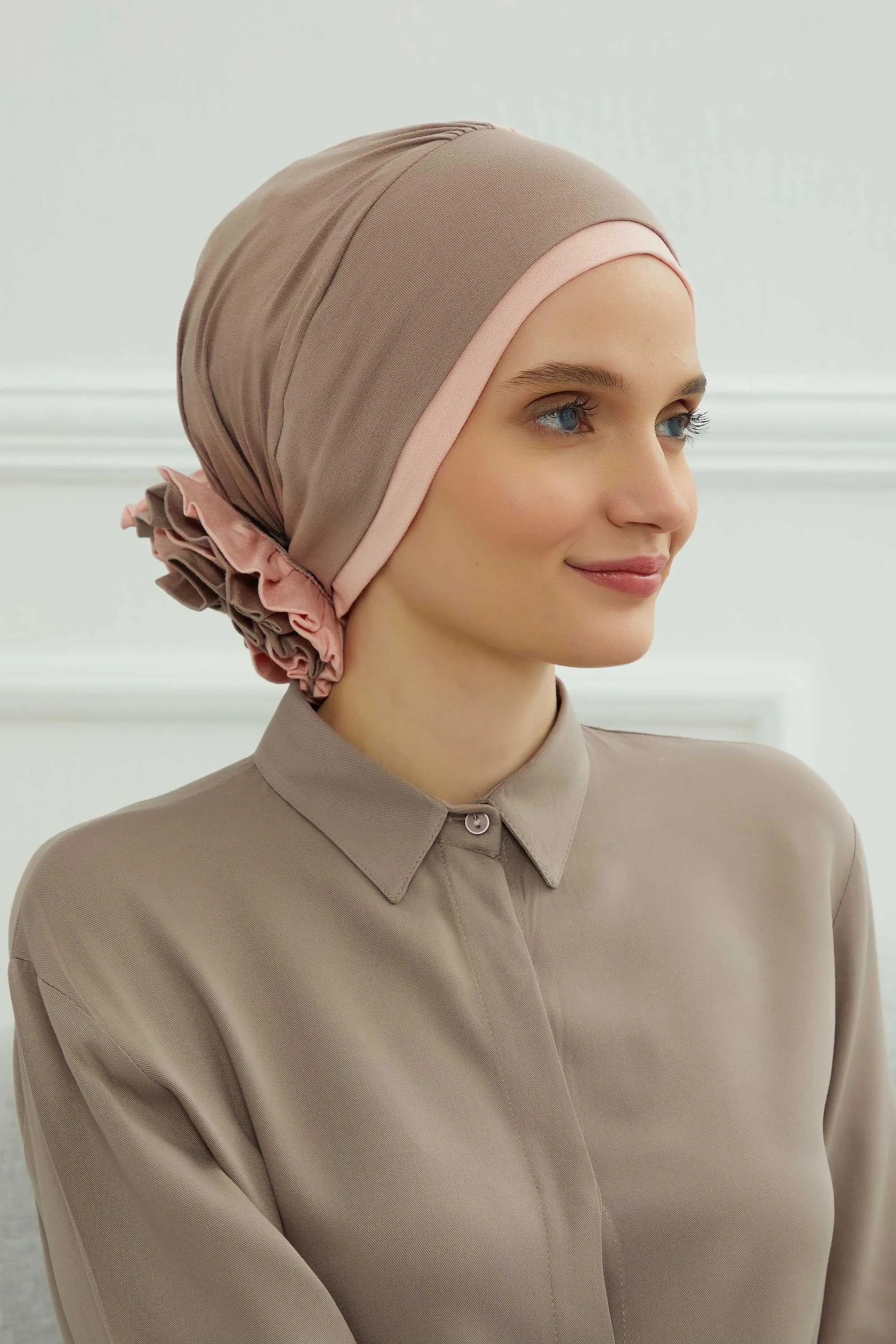 Floral Pre-Tied Instant Turban Fashionable Head Covering with Twin Colors, Soft Combed Cotton Easy Wear Hijab Headwrap with Rose Detail,B-28