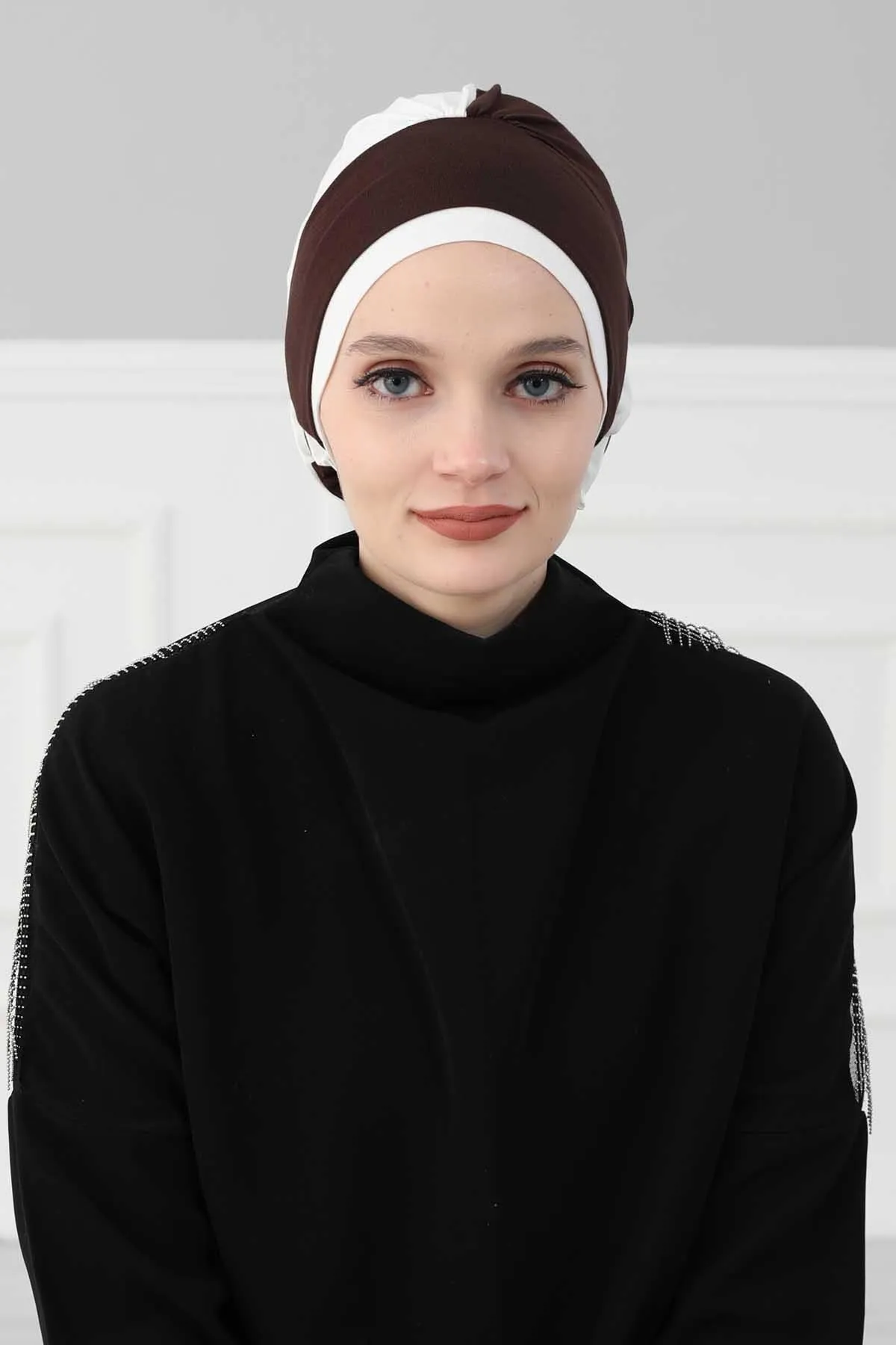 Floral Pre-Tied Instant Turban Fashionable Head Covering with Twin Colors, Soft Combed Cotton Easy Wear Hijab Headwrap with Rose Detail,B-28