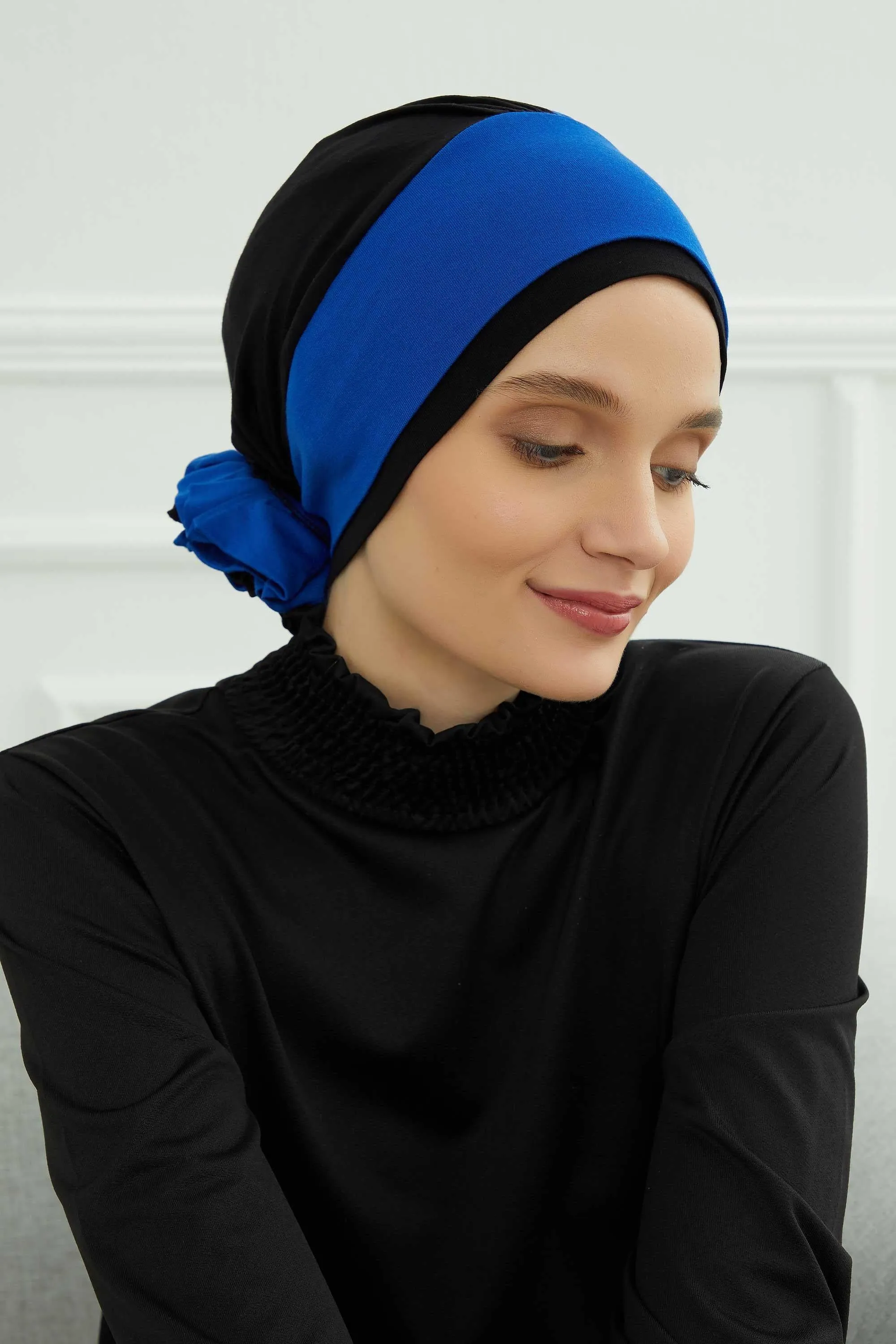 Floral Pre-Tied Instant Turban Fashionable Head Covering with Twin Colors, Soft Combed Cotton Easy Wear Hijab Headwrap with Rose Detail,B-28