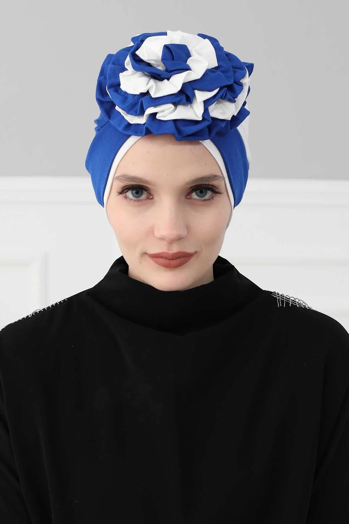 Floral Pre-Tied Instant Turban Fashionable Head Covering with Twin Colors, Soft Combed Cotton Easy Wear Hijab Headwrap with Rose Detail,B-28