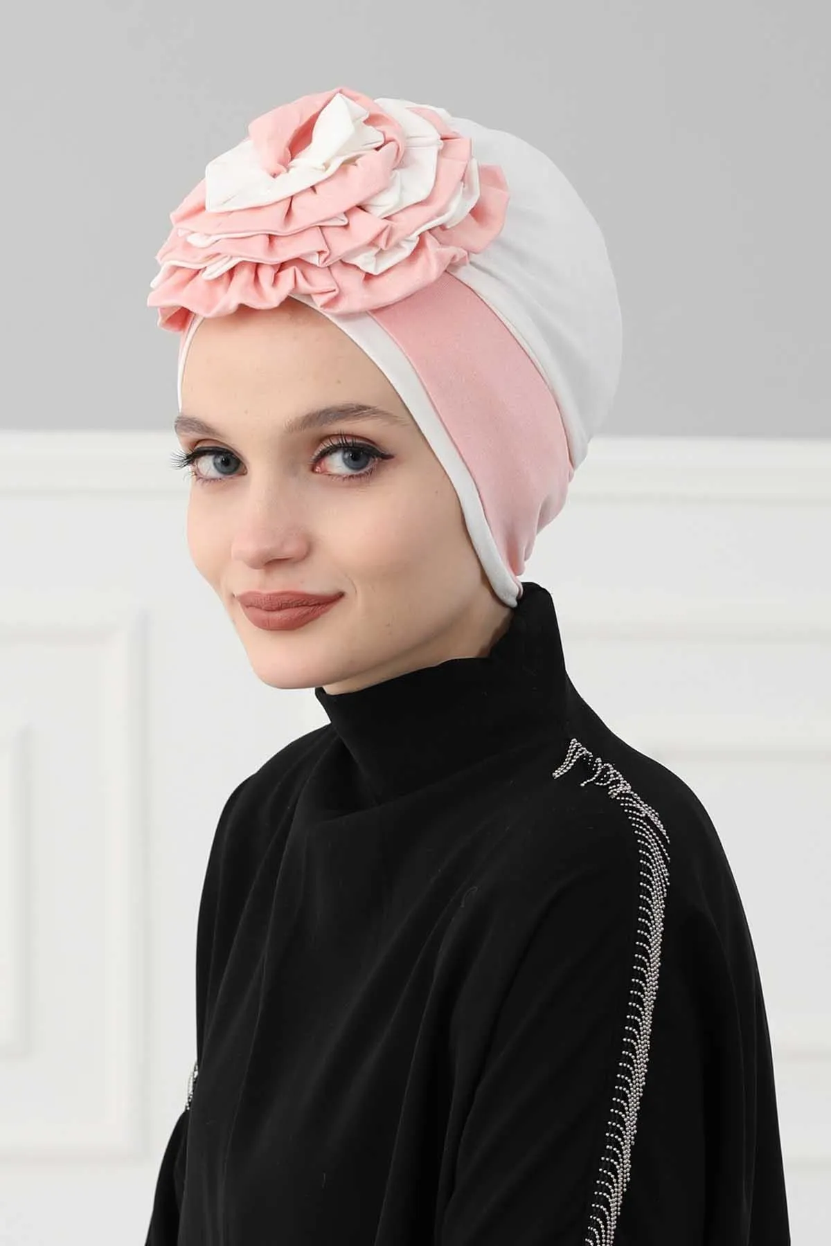 Floral Pre-Tied Instant Turban Fashionable Head Covering with Twin Colors, Soft Combed Cotton Easy Wear Hijab Headwrap with Rose Detail,B-28