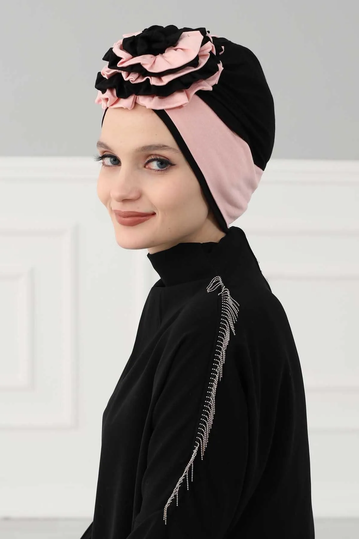 Floral Pre-Tied Instant Turban Fashionable Head Covering with Twin Colors, Soft Combed Cotton Easy Wear Hijab Headwrap with Rose Detail,B-28