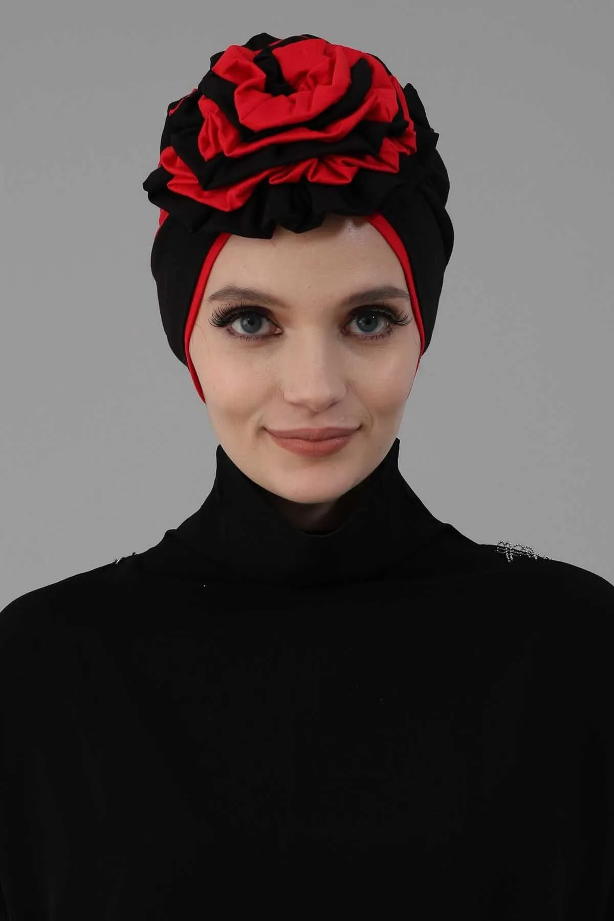 Floral Pre-Tied Instant Turban Fashionable Head Covering with Twin Colors, Soft Combed Cotton Easy Wear Hijab Headwrap with Rose Detail,B-28