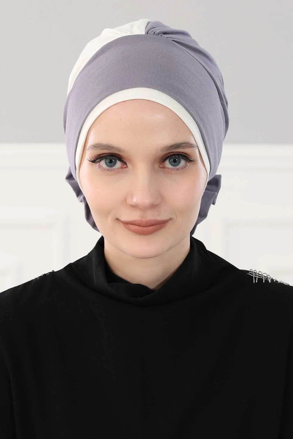 Floral Pre-Tied Instant Turban Fashionable Head Covering with Twin Colors, Soft Combed Cotton Easy Wear Hijab Headwrap with Rose Detail,B-28