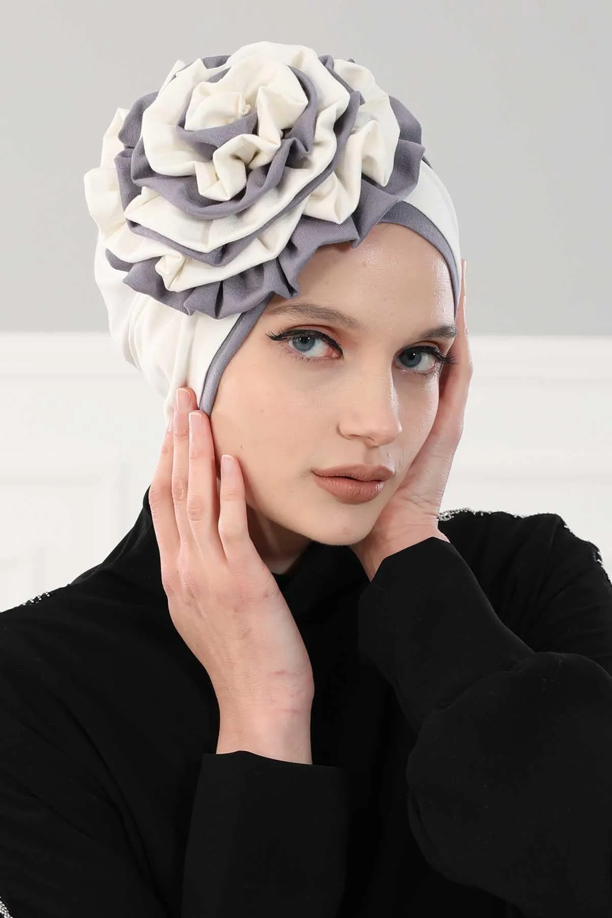 Floral Pre-Tied Instant Turban Fashionable Head Covering with Twin Colors, Soft Combed Cotton Easy Wear Hijab Headwrap with Rose Detail,B-28